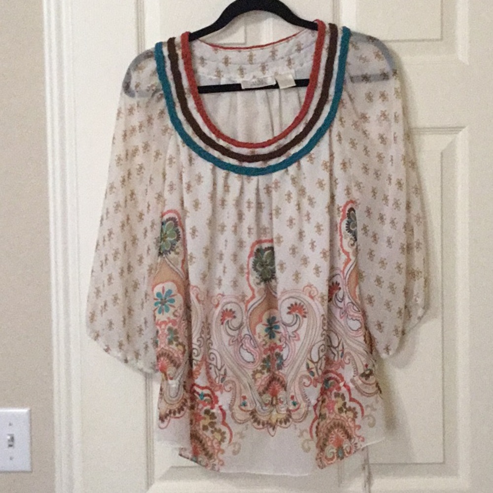 Bohemian Brown Orange Rust Blouse Floral Multicolor Accents